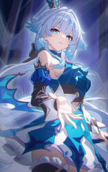 1girl absurdres bare_shoulders blue_dress blue_eyes blue_hair breasts cerydra_(honkai:_star_rail) crown detached_sleeves dress hair_intakes highres holding honkai:_star_rail honkai_(series) long_hair long_sleeves looking_at_viewer mini_crown parted_lips reaching reaching_towards_viewer shali sideboob solo