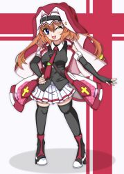 Rule 34 | 1girl, absurdres, alternate color, alternate costume, between breasts, black gloves, black shirt, black thighhighs, boots, breasts, chantez apinion, cosplay, elbow gloves, fingerless gloves, full body, gloves, hand on own hip, highres, jacket, lyrical nanoha, lyrical store, mahou shoujo lyrical nanoha vivid, nago (aj65743), necktie, one eye closed, open clothes, open jacket, open mouth, orange hair, pleated skirt, red jacket, red necktie, shirt, skirt, smile, solo, strap between breasts, thighhighs