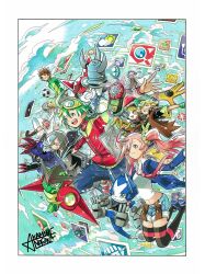 Rule 34 | 2girls, 6+boys, absurdres, appmon, asuka torajirou, closed eyes, digimon, digimon universe: appli monsters, dokamon, gatchmon, goggles, goggles on head, green hair, hackmon (appmon), highres, karan eri, kashiki ai, katsura rei, looking to the side, multiple boys, multiple girls, musimon, naoki akamine, navimon (appmon), necktie, official art, ozora yujin, pink hair, shinkai haru, smile, twintails, wato takeru