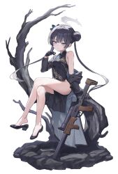 1girl bare_shoulders black_dress black_gloves black_hair blue_archive blush braid braided_bun breasts butterfly_hair_ornament china_dress chinese_clothes coat cs/ls06 double_bun dragon_print dress eisuto faux_figurine gloves grey_coat grey_eyes gun hair_bun hair_ornament half_gloves halo highres kisaki_(blue_archive) long_hair long_sleeves looking_at_viewer off_shoulder pelvic_curtain pinstripe_pattern short_dress side_slit sitting small_breasts smile solo striped_coat submachine_gun tree twintails vertical-striped_coat weapon