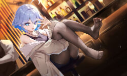 1boy 1girl absurdres ahoge bar_(place) black_pantyhose black_shirt black_shorts blue_eyes blue_hair bottle breasts brown_sweater commentary_request cup furina_(genshin_impact) genshin_impact heterochromia highres indoors looking_at_viewer multicolored_hair no_shoes otabaaa pantyhose shirt short_hair shorts sleeveless sleeveless_shirt solo_focus sweater toes two-tone_hair wine_bottle