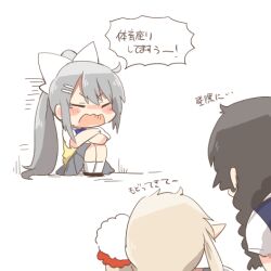 Rule 34 | 3girls, black hair, blush stickers, bow, braid, brown hair, chibi, closed eyes, elf, elu (nijisanji), grey hair, grey skirt, hair bow, hair ornament, hairclip, higuchi kaede, higuchi kaede (3rd costume), knees up, long hair, lowres, multiple girls, nijisanji, open mouth, pleated skirt, pointy ears, ponytail, rebecca (keinelove), school uniform, shirt, short sleeves, side ponytail, simple background, sitting, skirt, socks, translation request, tsukino mito, tsukino mito (summer uniform), v-shaped eyebrows, very long hair, virtual youtuber, wavy mouth, white background, white bow, white shirt, white socks