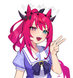 Rule 34 | 1girl, :d, animal ears, black bow, blue eyes, bow, dasdokter, double-parted bangs, double halo, fangs, hair between eyes, hair bow, halo, hand up, heterochromia, hololive, hololive english, horns, horse ears, horse girl, irys (hololive), long hair, looking at viewer, open mouth, pink eyes, pointy ears, ponytail, puffy short sleeves, puffy sleeves, purple hair, purple serafuku, purple shirt, sailor collar, school uniform, serafuku, shirt, short sleeves, sidelocks, simple background, smile, solo, star-shaped pupils, star (symbol), star halo, symbol-shaped pupils, tracen school uniform, umamusume, v, virtual youtuber, white background, white sailor collar