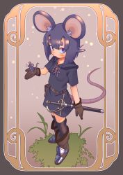 1girl absurdres animal_ears black_hair black_thighhighs black_tunic blue_eyes boots brown_boots gloves highres mouse_(animal) mouse_ears mouse_girl mouse_tail okuribi on_grass original sword tail thighhighs tunic weapon