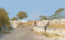 1girl blue_sky day dirt_road hill original outdoors painting_(medium) road scenery shadow sky slow_d solo sunlight traditional_media tree