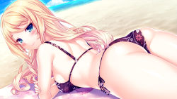 Rule 34 | 1girl, ass, beach, bikini, black bikini, blonde hair, blue eyes, blue sky, blush, breasts, cloud, cloudy sky, day, eyelashes, female focus, fingernails, floral print, from behind, game cg, half-closed eyes, horizon, lips, lisa (tropical liquor), long fingernails, long hair, looking at viewer, looking back, lying, medium breasts, ocean, on stomach, outdoors, sand, sayori (neko works), shiny skin, shoulder blades, side-tie bikini bottom, sidelocks, skindentation, sky, small breasts, smile, solo, swimsuit, thighs, tropical liquor, twisted neck, water