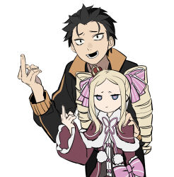 Rule 34 | 1boy, 1girl, :|, age difference, beatrice (re:zero), black hair, blonde hair, blue eyes, bow, closed mouth, crown, dress, drill hair, hair ornament, hair ribbon, highres, kiliko-san, long hair, looking at viewer, middle finger, natsuki subaru, re:zero kara hajimeru isekai seikatsu, red dress, ribbon, short hair, sidelocks, simple background, symbol-shaped pupils, teenage boy and younger girl, track suit, twin drills, white background