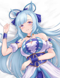 1girl animal_ears bare_shoulders blue_hair braid breasts cleavage crown_braid dress ear_ornament horse_ears horse_girl ichimai_(apieceof_ray151) large_breasts long_hair looking_at_viewer lying mejiro_ardan_(flowers_of_prayer_dance_in_the_night_breeze)_(umamusume) mejiro_ardan_(umamusume) official_alternate_costume on_back purple_eyes solo umamusume upper_body white_dress