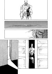 backless_outfit closed_eyes comic desert dio_brando greyscale jojo_no_kimyou_na_bouken merumeru626 monochrome open_door screentones silent_comic sleeveless sleeveless_turtleneck stand_(jojo) stardust_crusaders the_world turtleneck