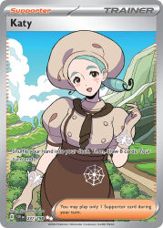 1girl :d apron artist_name blue_sky blush blush_stickers brown_apron brown_eyes brown_gloves brown_hat brown_shirt bush card_(medium) character_name cloud company_name copyright_name copyright_notice day english_text eyelashes gloves green_hair hat katy_(pokemon) komayama_akira looking_at_viewer mole mole_under_eye nintendo official_art open_mouth outdoors pokemon pokemon_card pokemon_sv pokemon_tcg puffy_short_sleeves puffy_sleeves shirt short_sleeves sky smile solo spider_web_print third-party_source trading_card
