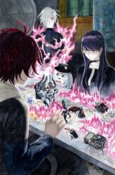 absurdres ahoge aotsuki_eito earrings fire glasses highres jewelry mecha pink_eyes purple_hair red_eyes red_hair robot shion_(hundred_line) shizuhara_hiruko sirei_(hundred_line) sumino_takumi the_hundred_line_-last_defense_academy- tsukumo_ima tsukumo_kako under_table yakushiji_takemaru