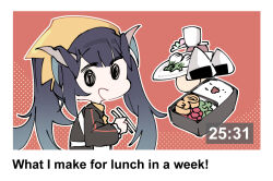 1girl black_dress black_hair blue_archive chopsticks commentary demon_girl demon_horns dress english_commentary english_text eri_(erikiri) food food_request fuuka_(blue_archive) headscarf holding holding_chopsticks horns necktie onigiri open_mouth polka_dot polka_dot_background red_background smile solid_oval_eyes solo twintails yellow_headscarf yellow_necktie youtube