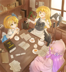 3girls alice_margatroid alice_margatroid_(pc-98) blonde_hair blue_hairband blue_ribbon book braid chair crescent cup dining_room hairband hat highres holding holding_book holding_cup kirisame_marisa long_hair looking_at_another multiple_girls mushroom one_eye_closed patchouli_knowledge purple_hair ribbon short_hair table tarumaru teacup teapot touhou window witch_hat yellow_eyes