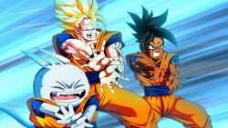 Rule 34 | 3boys, black eyes, black hair, blonde hair, blue fur, cat, cat boy, dark-skinned male, dark skin, dragon ball, green eyes, kamehameha (dragon ball), master and apprentice, master and pupil, multiple boys, muscular, muscular male, neko majin z, screaming, serious, son goku, super saiyan, uub