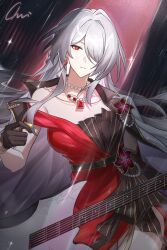1girl absurdres acheron_(honkai:_star_rail) acheron_(star_rail_live_2025)_(honkai:_star_rail) black_gloves breasts chinese_commentary chuideng commentary_request earrings gloves guitar highres holding holding_guitar holding_instrument honkai:_star_rail honkai_(series) instrument jewelry long_hair necklace official_alternate_costume parted_lips purple_background red_eyes signature solo white_hair