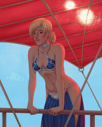 1girl artist_name bikini blonde_hair blue_sky breasts brown_eyes cleavage cosplay day harem_outfit highres huttslayer_leia huttslayer_leia_(cosplay) loincloth maketh_tua mollythemole navel outdoors princess_leia princess_leia_(cosplay) sky slave small_breasts solo star_wars swimsuit