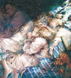 2girls barefoot bed blonde_hair book commentary_request doll dress closed_eyes fetal_position kobone_awaki light light_particles long_hair lying medium_hair multiple_girls nightgown on_bed on_side original sheep sleeping wavy_hair white_dress
