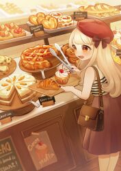1girl absurdres bag bakery beret blonde_hair blush bow cake croissant cupcake food hat hi2hiiii highres holding holding_tongs holding_tray long_hair muffin open_mouth pastry red_eyes shirt shop shoulder_bag skirt sleeveless smile solo striped_clothes tongs tray
