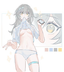1girl absurdres annann_nna breasts clothes_in_mouth clothes_lift commentary eye_focus grey_hair highres holding holding_phone honkai:_star_rail honkai_(series) lifting_own_clothes medium_breasts medium_hair navel panties phone shirt shirt_lift stelle_(honkai:_star_rail) stomach symbol-only_commentary thigh_strap thighs trailblazer_(honkai:_star_rail) underwear v white_panties white_shirt yellow_eyes
