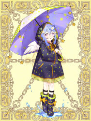 1girl black_raincoat blue_hair boots bow feathered_wings full_body holding holding_umbrella hood hooded_coat kerberos_blade medium_hair natalia_orlando orange_bow puddle purple_eyes raincoat rubber_boots shichimi solo standing star_(symbol) star_print thigh_strap umbrella white_wings wide_sleeves wings yellow_background