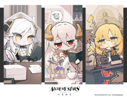 3girls alchemy_stars alcohol_burner ascot balance_scale black_gloves blonde_hair blush_stickers book bookmark carleen_(alchemy_stars) chair chibi clipboard closed_mouth copyright_name dress eyebrows_hidden_by_hair fire flask gem gendou_pose gloves grey_hair hair_between_eyes hair_ornament hair_over_one_eye hands_clasped highres holding holding_book holding_clipboard indoors inkwell irridon_(alchemy_stars) jewelry long_hair mortar_(bowl) multiple_girls necklace official_art own_hands_clasped own_hands_together paper_stack quill red_eyes second-party_source sitting smoke spoken_squiggle squiggle test_tube test_tube_rack tripod_(laboratory) upper_body uriel_(alchemy_stars) very_long_hair weighing_scale white_ascot white_dress white_hair yellow_eyes