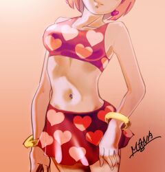 1girl amy_rose armpits bikini bikini_skirt bikini_top blonde_hair bracelet breasts crop_top earrings female_focus heart heart_print highres humanization jewelry legs looking_at_viewer mana_ita medium_breasts medium_hair midriff navel pink_hair sega short_hair skirt smile solo sonic_(series) swimsuit