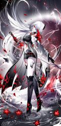 1girl absurdres acheron_(honkai:_star_rail) black_boots black_coat black_gloves black_shorts boots breasts coat commentary detached_sleeves flower gloves hair_ornament hair_over_one_eye high_heel_boots high_heels highres honkai:_star_rail honkai_(series) katana leg_tattoo long_hair long_sleeves looking_at_viewer medium_breasts midriff navel official_alternate_color rain red_eyes red_flower scabbard sheath sheya short_shorts shorts solo standing stomach sword tattoo very_long_hair weapon white_hair wide_sleeves