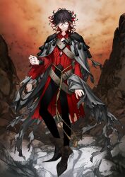 1boy bad_source belt black_hair boots brown_boots closed_mouth curly_hair dante_alighieri_(fate) duplicate facing_viewer fate_(series) grey_eyes looking_at_viewer male_focus multicolored_hair red_hair red_nails red_sky rock shirahama_kamome sky solo standing