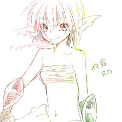 1girl ark_kan breasts chest_sarashi cigarette closed_mouth commentary_request feathered_wings gauntlets head_wings looking_at_viewer lowres navel ragnarok_online sarashi short_hair simple_background sketch small_breasts smile smoking solo sura_(ragnarok_online) translation_request upper_body wings
