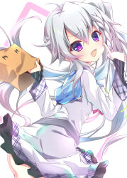1girl 9-nine- :d absurdres ahoge ass bag belt blush braid clothes_lift commentary_request cowboy_shot dress dress_lift floating_hair frilled_dress frills from_behind green_ribbon grey_belt grey_hair hair_ribbon hands_up head_tilt highres holding holding_bag index_finger_raised long_hair long_sleeves looking_at_viewer looking_back niimi_sora open_mouth outline purple_eyes ribbon school_uniform shopping_bag short_dress side_ponytail sidelocks simple_background single_braid sleeves_past_wrists smile smug solo sukonbu385 v-shaped_eyebrows very_long_hair watermark white_background white_dress white_outline |_|