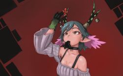 1girl antlers blue_hair bow brown_eyes c_(control) choker christmas dress eating fur gloves hair_ornament head_wings horns midas_money paintrfiend pointy_ears q_(control) short_hair simple_background solo wings