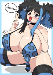 1girl animal_print berun_(zakeruga1zakeru) black_hair blue_hair blush breasts cleavage curvy english_text highres horizontal-striped_thighhighs huge_breasts large_breasts leopard_print long_hair looking_at_viewer multicolored_hair oohara_satsuki open_mouth purple_eyes simple_background smile solo speech_bubble spread_legs squatting streaked_hair striped_clothes striped_thighhighs teihen_no_daigaku_janaru thick_thighs thighhighs thighs tiptoes twintails white_background