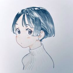 Rule 34 | 1girl, black eyes, black hair, colored pencil (medium), earrings, highres, jewelry, looking at viewer, nekojarashi (yuuga), original, short hair, simple background, solo, stud earrings, sweater, traditional media, turtleneck, turtleneck sweater, upper body, white sweater