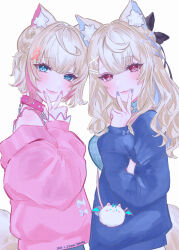 2girls absurdres animal_ear_fluff animal_ears blonde_hair blue_eyes blue_hair blue_jacket blue_nails blue_shirt character_bag closed_mouth collar commentary_request dog_ears dog_girl dog_tail fuwawa_abyssgard fuwawa_abyssgard_(casual) hair_ornament highres hololive hololive_english jacket long_hair looking_at_viewer mococo_abyssgard mococo_abyssgard_(casual) multicolored_hair multiple_girls official_alternate_costume official_alternate_hairstyle perroccino_(fuwamoco) pink_eyes pink_hair pink_jacket pink_nails shirt short_hair siblings sisters streaked_hair studded_collar tail twins v v_over_mouth virtual_youtuber x_hair_ornament yuri_kyanon