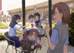 Rule 34 | 4girls, :d, black hair, blue eyes, blue sailor collar, blue skirt, bow, brown eyes, brown hair, brown sweater vest, cafe, collared shirt, commentary, commentary request, english commentary, flower, food, food theft, hair bow, hair flower, hair ornament, head wreath, highres, long hair, medium hair, misaka mikoto, mixed-language commentary, multiple girls, open mouth, parfait, pleated skirt, reaching, reaching towards another, red bow, round table, sailor collar, sakugawa school uniform, saten ruiko, school uniform, serafuku, shirai kuroko, shirt, short hair, signature, skirt, sleepingnes1, smile, smug, sweater vest, table, toaru kagaku no railgun, toaru majutsu no index, tokiwadai school uniform, uiharu kazari, waving, white shirt