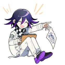 1202_koge 1boy ^_^ arm_belt belt belt_buckle black_hair black_scarf black_shoes buckle checkered_clothes checkered_scarf child&#039;s_drawing closed_eyes colored_tips commentary_request danganronpa_(series) danganronpa_v3:_killing_harmony denim fingernails full_body hair_between_eyes happy holding holding_paper holding_sketchbook jacket jeans knees_up layered_sleeves light_blush long_sleeves male_focus multicolored_hair multicolored_shoes multiple_belts notice_lines oma_kokichi open_belt open_mouth outstretched_arm pants paper purple_hair purple_shoes scarf shoes short_hair simple_background sitting sketchbook smile solo thigh_belt thigh_strap torn_clothes torn_jeans torn_pants two-tone_scarf two-tone_shoes white_background white_belt white_jacket white_pants white_scarf