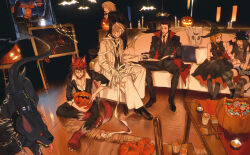 2girls 5boys absurdres animal_ears bat_(animal) bindi black_suit blonde_hair candle candy coat dark_nation dress_shoes elena_(ff7) final_fantasy final_fantasy_vii final_fantasy_vii_remake food formal_clothes ghost gloves hair_slicked_back halloween halloween_bucket halloween_costume hat highres holding holding_pumpkin indoors jack-o&#039;-lantern jacket kyrie_canaan lazard_deusericus lollipop long_hair long_sleeves multiple_boys multiple_girls mummy_costume open_mouth pants pointy_ears pumpkin quxiaochong reno_(ff7) rude_(ff7) rufus_shinra short_hair smile suit tail thighhighs tseng vampire_costume white_coat white_pants witch witch_hat