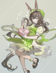 1girl absurdres alternate_costume amiya_(arknights) animal_ears arknights baking black_shoes blue_eyes bowl brown_hair dress green_dress green_hat hat highres holding holding_bowl jiuxiaoshi looking_at_viewer open_mouth puffy_short_sleeves puffy_sleeves rabbit_ears rabbit_girl shoes short_sleeves smile socks solo sparkle white_socks