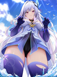 1girl absurdres bird blue_sky breasts claw_pose closed_mouth dress from_below genshin_impact hair_between_eyes hair_ornament highres large_breasts long_hair looking_at_viewer looking_down miss_shiro red_eyes skirk_(genshin_impact) sky smile sunlight thick_thighs thighs very_long_hair white_dress white_hair