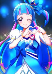 Rule 34 | 1girl, aokaze nana, blue bow, blue eyes, blue hair, blush, bow, bracelet, breasts, brooch, choker, color connection, cosplay, crystal earrings, cure diamond, cure diamond (cosplay), cure wink, dress, earrings, four-finger heart hands, hair bun, heart, heart brooch, heart hands, highres, jewelry, kimi to idol precure, long hair, looking at viewer, magical girl, momotarouooi, multicolored hair, one eye closed, ponytail, precure, purple eyes, purple streaks, ribbon, small breasts, smile, solo, stage, streaked hair