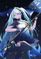 1girl absurdres aqua_eyes asymmetrical_gloves blue_hair boots cowboy_shot double-parted_bangs dress earpiece flag gloves gradient_clothes gradient_dress gradient_hair hair_between_eyes hairband half_gloves hatsune_miku highres holding holding_flag ji-rex mismatched_gloves multicolored_hair polaris_miku shorts simple_background sky sleeveless sleeveless_dress solo sparkle standing standing_on_one_leg star_(sky) starry_sky thigh_boots twintails vocaloid