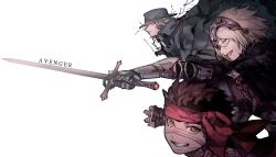 1girl 2boys angra_mainyu angra_mainyu_(fate) araya_(hachino_araya) armor black_hair blonde_hair chain edmond_dantes_(fate) fate/grand_order fate/hollow_ataraxia fate_(series) fedora gauntlets hat headpiece highres jeanne_d&#039;arc_(fate) jeanne_d&#039;arc_(ruler)_(fate) jeanne_d&#039;arc_alter_(avenger)_(fate) jeanne_d&#039;arc_alter_(avenger)_(first_ascension)_(fate) jeanne_d&#039;arc_alter_(fate) multiple_boys necktie open_mouth red_eyes ruler_(fate/grand_order) short_hair silver_hair smile wavy_hair weapon yellow_eyes