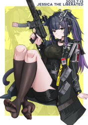 Rule 34 | 1girl, absurdres, animal ears, arknights, black hair, feet, gun, highres, jessica (arknights), long hair, looking at viewer, mirce raven, ponytail, see-through clothes, see-through legwear, socks, soles, tail, toes, weapon, yellow eyes