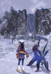 1girl akari_(pokemon) black_hair galaxy_expedition_team_survey_corps_uniform headscarf highres hisuian_samurott mariin_(mrn_8_8) nintendo pokemon pokemon_(creature) pokemon_legends:_arceus red_scarf scarf snow water waterfall white_headscarf