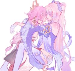 2girls animal_ears back_bow bare_shoulders black_bow blue_bow blush bow bow-shaped_hair closed_mouth detached_sleeves earrings eyelashes floral_print fox_ears fox_girl gem genshin_impact gloves gold_earrings gradient_hair hair_between_eyes hair_ornament headpiece highres japanese_clothes jewelry long_hair long_sleeves looking_at_another low-tied_long_hair luseraphims multicolored_hair multiple_girls nontraditional_miko pink_hair pink_lips purple_eyes purple_gemstone purple_hair purple_lips purple_sleeves purple_tank_top red_skirt sangonomiya_kokomi shirt short_shorts shorts simple_background skirt sleeveless sleeveless_shirt smile standing tank_top thighhighs very_long_hair white_background white_gloves white_shirt white_shorts white_sleeves white_thighhighs wide_sleeves yae_miko yuri