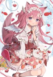 1girl animal_ears blush bow cat_ears cat_girl cat_tail dress feathered_wings fish food frilled_dress frills fruit goma_(u_p) hairband halo highres long_sleeves looking_at_viewer melting_halo original pink_hair pink_skirt purple_eyes shirt skirt solo strawberry suspender_skirt suspenders tail tail_bow tail_ornament white_shirt wings