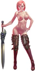 1girl armor artist_request bare_arms bare_shoulders blue_eyes boots breasts crystal_maiden_(series) full_body game_cg hand_on_own_hip helen_(crystal_maidens) highres holding holding_sword holding_weapon knee_armor navel nipples nude official_art pink_hair pussy short_hair solo sword transparent_background variant_set weapon