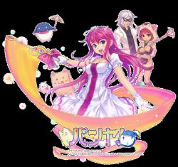 1boy 2girls animal_hood arin breasts copyright_name copyright_notice dolfini dress green_eyes hana hana_(pangya) hood legs long_hair max max_(pangya) multiple_girls open_mouth pangya papel pink_hair purple_eyes red_eyes seedark skirt transparent_background umbrella umbrella_riding