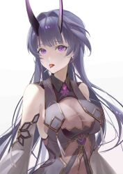 1girl absurdres bare_shoulders breasts candy chinese_commentary cleavage collared_dress commentary_request covered_navel detached_sleeves diamond-shaped_pupils diamond_(shape) dress earrings eating food hair_intakes highres honkai_(series) honkai_impact_3rd horns jewelry large_breasts lollipop long_hair long_horns looking_at_viewer official_alternate_costume purple_dress purple_eyes purple_hair purple_horns purple_sleeves raiden_mei raiden_mei_(herrscher_of_thunder) raiden_mei_(rainy_springtide) red_pupils refa saliva see-through_cleavage see-through_clothes sidelocks simple_background solo symbol-shaped_pupils upper_body very_long_hair white_background