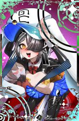 Rule 34 | 1girl, alternate costume, black hair, breasts, brown eyes, character doll, collared shrug, doll, fate/grand order, fate (series), frontless outfit, hair over one eye, hat, highres, kitsunebi44410, lady yu doll, latex, latex legwear, ofuda, ofuda on nipples, pasties, revealing clothes, reverse bunnysuit, reverse outfit, short hair, shrug (clothing), small breasts, solo, talisman, xu fu (fate), xu fu (swimsuit avenger) (first ascension) (fate)